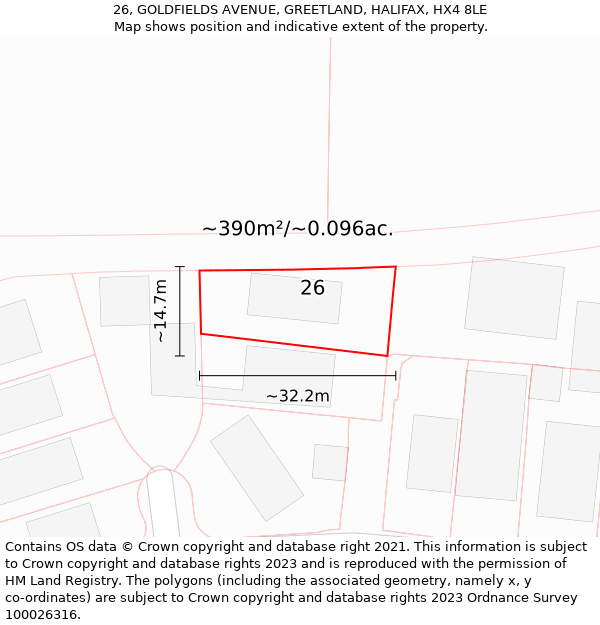 26, GOLDFIELDS AVENUE, GREETLAND, HALIFAX, HX4 8LE: Plot and title map