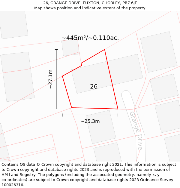 26, GRANGE DRIVE, EUXTON, CHORLEY, PR7 6JE: Plot and title map