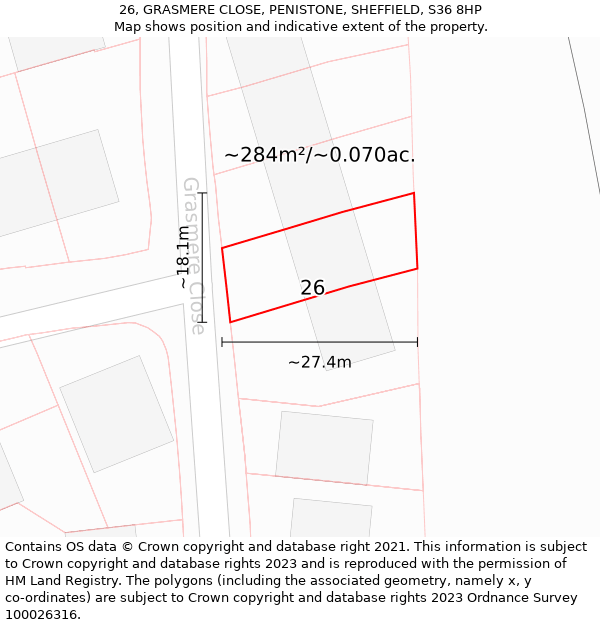 26, GRASMERE CLOSE, PENISTONE, SHEFFIELD, S36 8HP: Plot and title map