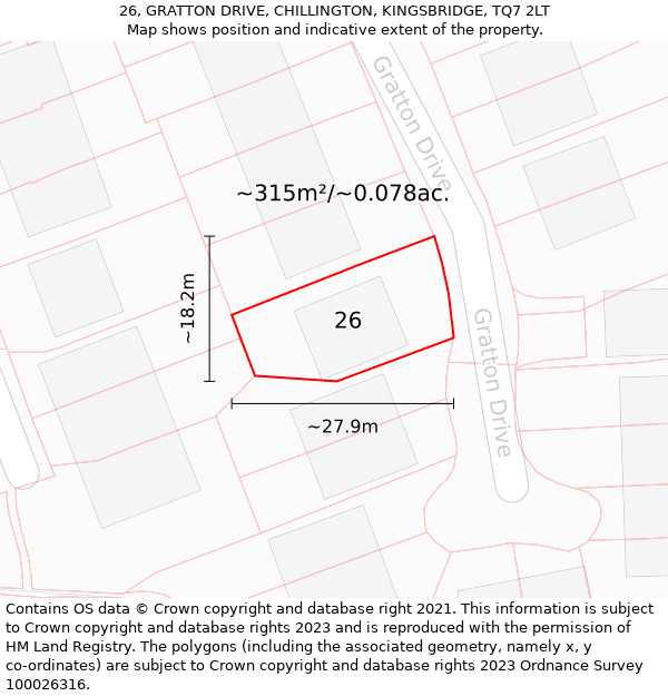 26, GRATTON DRIVE, CHILLINGTON, KINGSBRIDGE, TQ7 2LT: Plot and title map