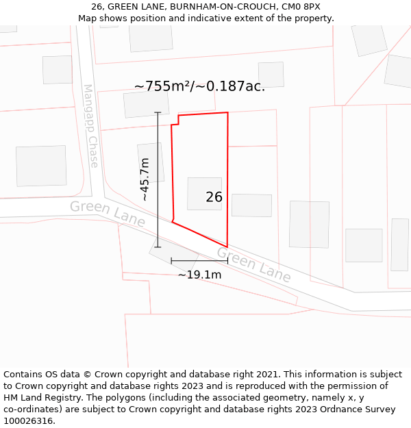 26, GREEN LANE, BURNHAM-ON-CROUCH, CM0 8PX: Plot and title map