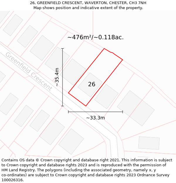 26, GREENFIELD CRESCENT, WAVERTON, CHESTER, CH3 7NH: Plot and title map