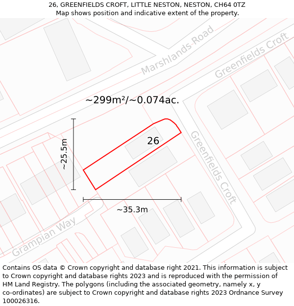 26, GREENFIELDS CROFT, LITTLE NESTON, NESTON, CH64 0TZ: Plot and title map