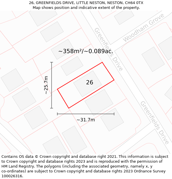 26, GREENFIELDS DRIVE, LITTLE NESTON, NESTON, CH64 0TX: Plot and title map