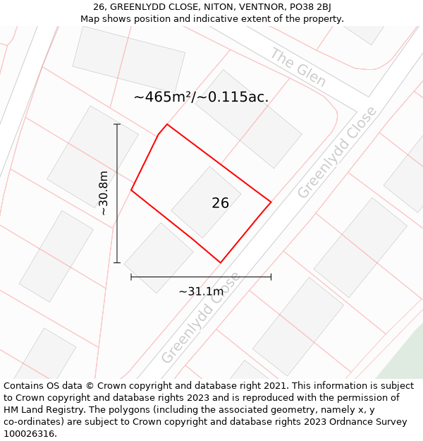 26, GREENLYDD CLOSE, NITON, VENTNOR, PO38 2BJ: Plot and title map