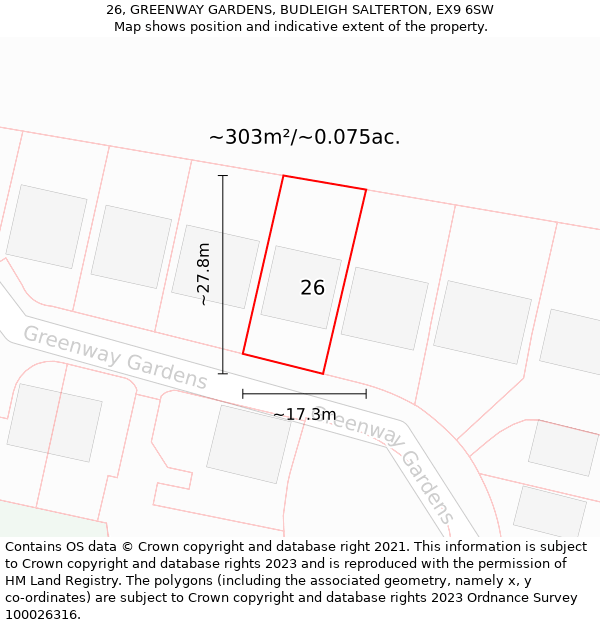 26, GREENWAY GARDENS, BUDLEIGH SALTERTON, EX9 6SW: Plot and title map