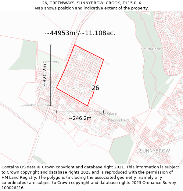 26, GREENWAYS, SUNNYBROW, CROOK, DL15 0LX: Plot and title map