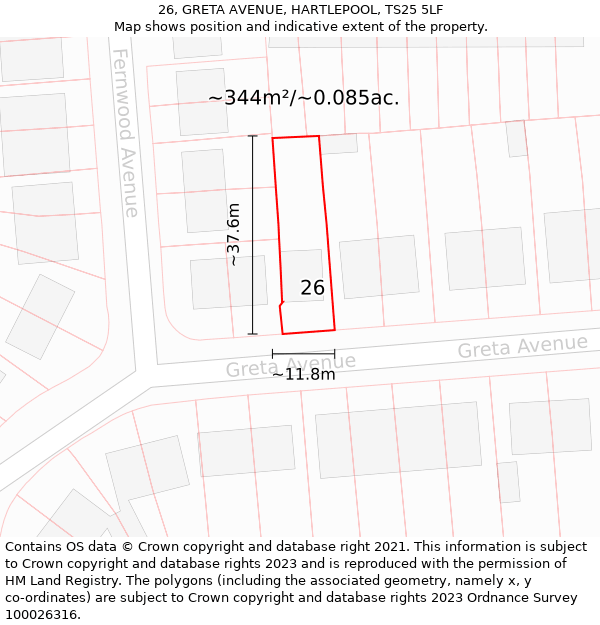 26, GRETA AVENUE, HARTLEPOOL, TS25 5LF: Plot and title map