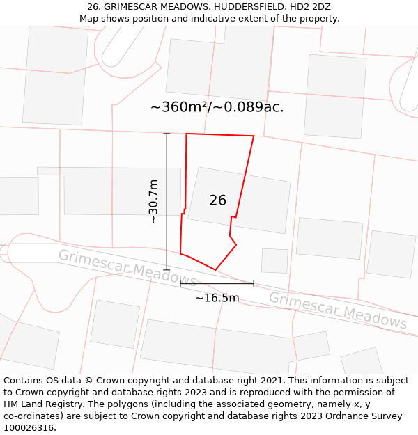 26, GRIMESCAR MEADOWS, HUDDERSFIELD, HD2 2DZ: Plot and title map