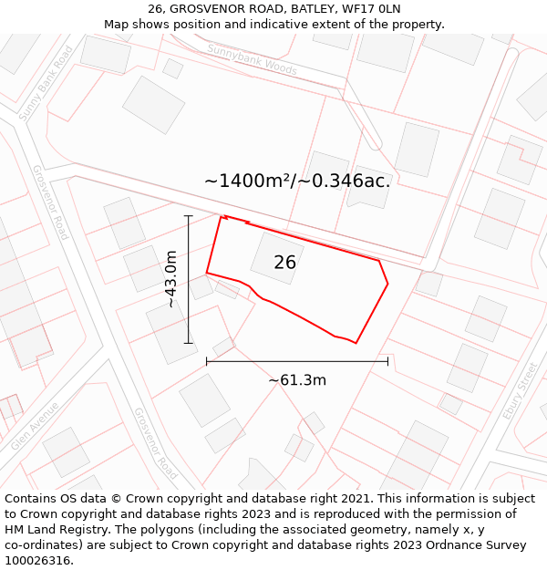 26, GROSVENOR ROAD, BATLEY, WF17 0LN: Plot and title map