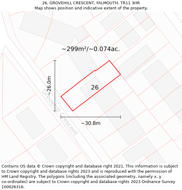 26, GROVEHILL CRESCENT, FALMOUTH, TR11 3HR: Plot and title map