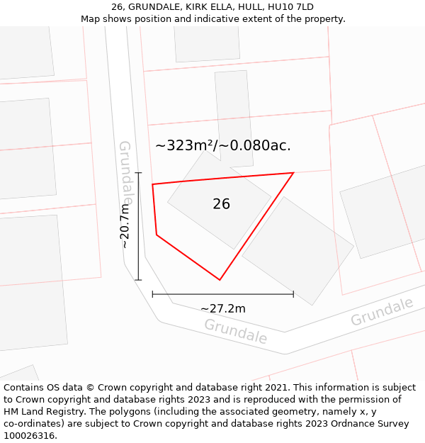 26, GRUNDALE, KIRK ELLA, HULL, HU10 7LD: Plot and title map