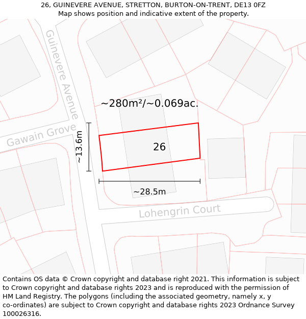 26, GUINEVERE AVENUE, STRETTON, BURTON-ON-TRENT, DE13 0FZ: Plot and title map