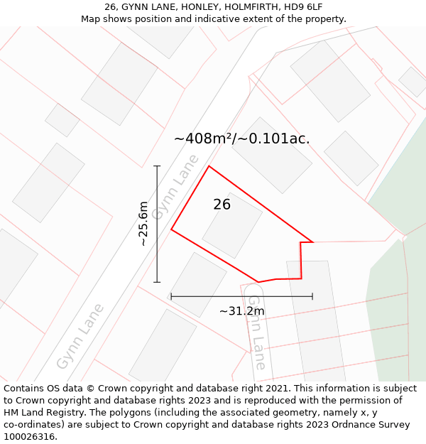 26, GYNN LANE, HONLEY, HOLMFIRTH, HD9 6LF: Plot and title map