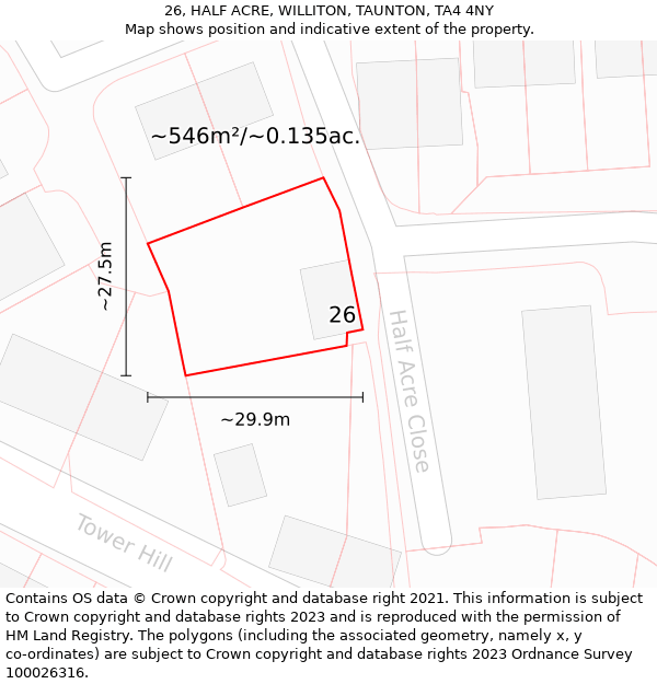 26, HALF ACRE, WILLITON, TAUNTON, TA4 4NY: Plot and title map