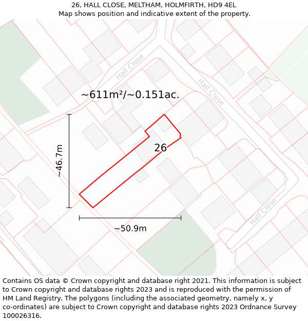 26, HALL CLOSE, MELTHAM, HOLMFIRTH, HD9 4EL: Plot and title map