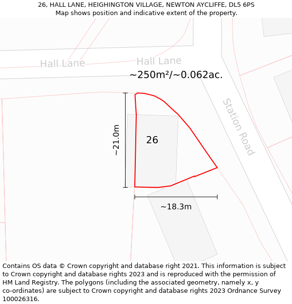 26, HALL LANE, HEIGHINGTON VILLAGE, NEWTON AYCLIFFE, DL5 6PS: Plot and title map