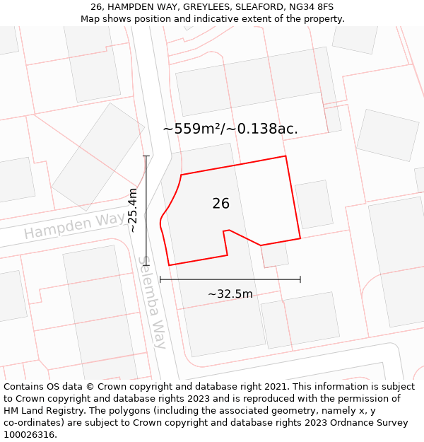 26, HAMPDEN WAY, GREYLEES, SLEAFORD, NG34 8FS: Plot and title map