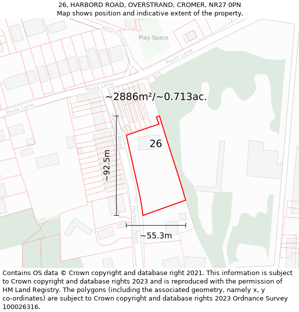 26, HARBORD ROAD, OVERSTRAND, CROMER, NR27 0PN: Plot and title map