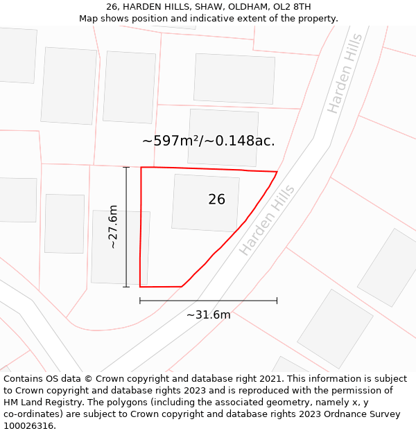 26, HARDEN HILLS, SHAW, OLDHAM, OL2 8TH: Plot and title map