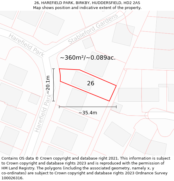 26, HAREFIELD PARK, BIRKBY, HUDDERSFIELD, HD2 2AS: Plot and title map