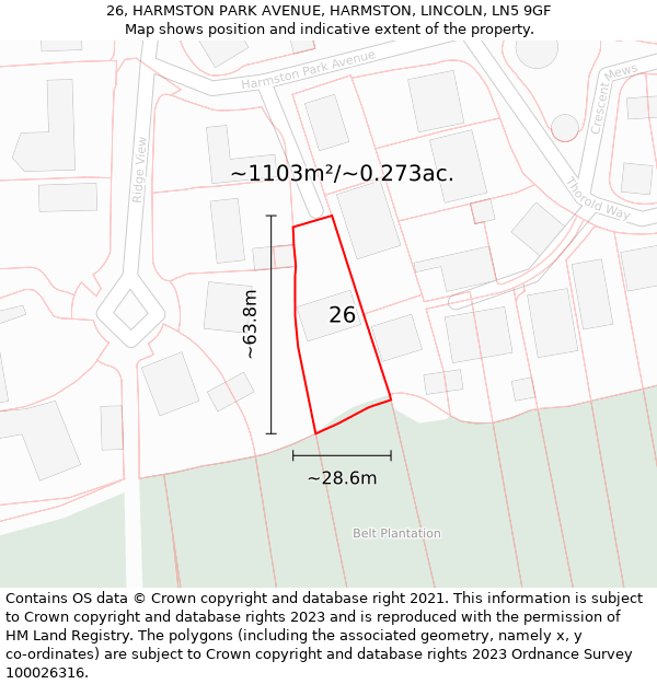 26, HARMSTON PARK AVENUE, HARMSTON, LINCOLN, LN5 9GF: Plot and title map