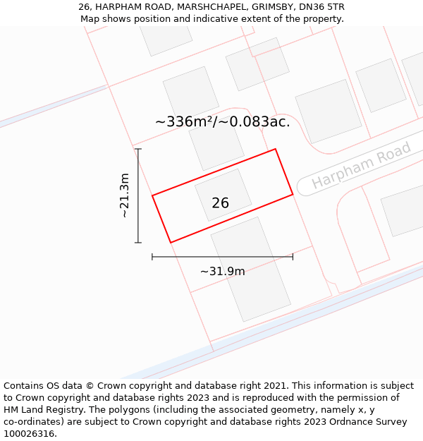 26, HARPHAM ROAD, MARSHCHAPEL, GRIMSBY, DN36 5TR: Plot and title map