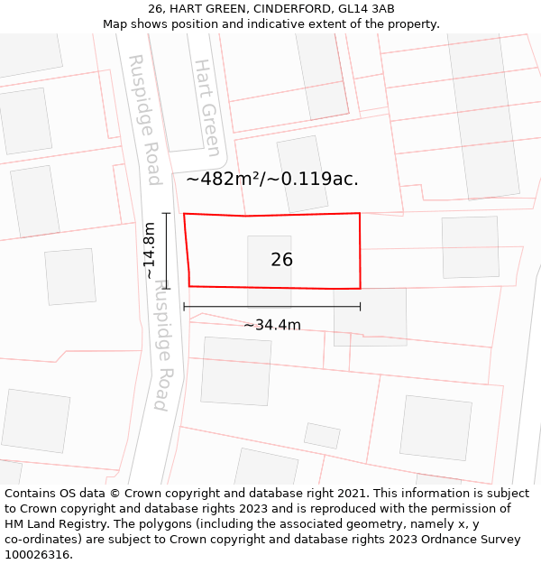 26, HART GREEN, CINDERFORD, GL14 3AB: Plot and title map