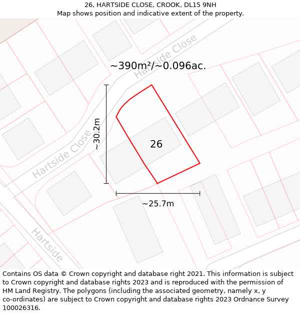 26, HARTSIDE CLOSE, CROOK, DL15 9NH: Plot and title map