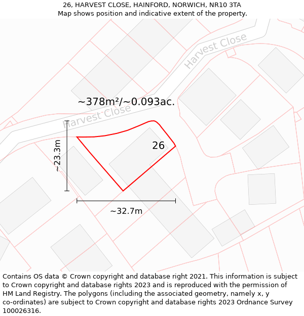 26, HARVEST CLOSE, HAINFORD, NORWICH, NR10 3TA: Plot and title map