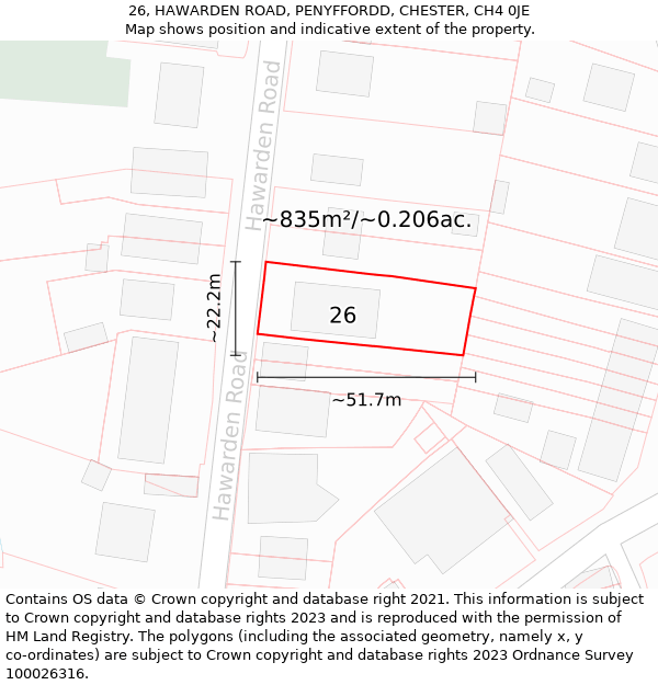 26, HAWARDEN ROAD, PENYFFORDD, CHESTER, CH4 0JE: Plot and title map