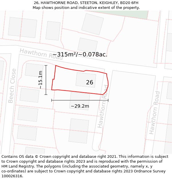 26, HAWTHORNE ROAD, STEETON, KEIGHLEY, BD20 6FH: Plot and title map