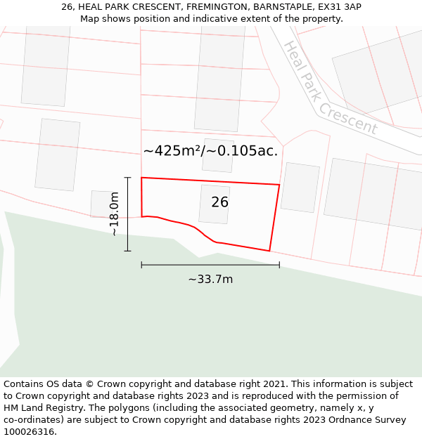 26, HEAL PARK CRESCENT, FREMINGTON, BARNSTAPLE, EX31 3AP: Plot and title map