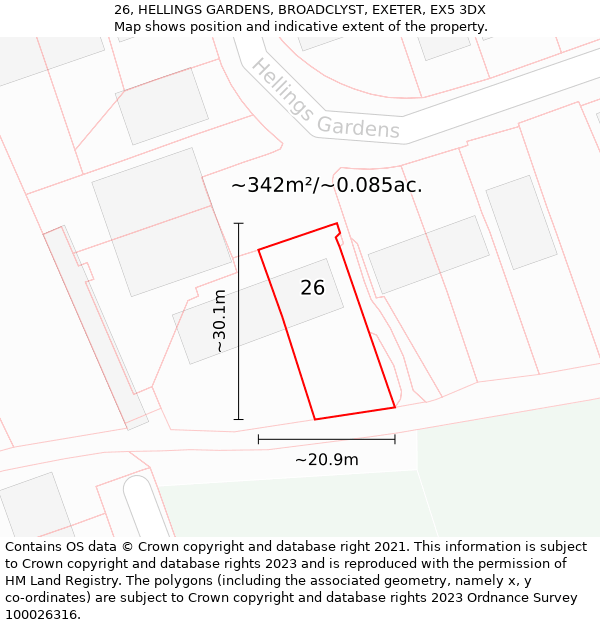 26, HELLINGS GARDENS, BROADCLYST, EXETER, EX5 3DX: Plot and title map