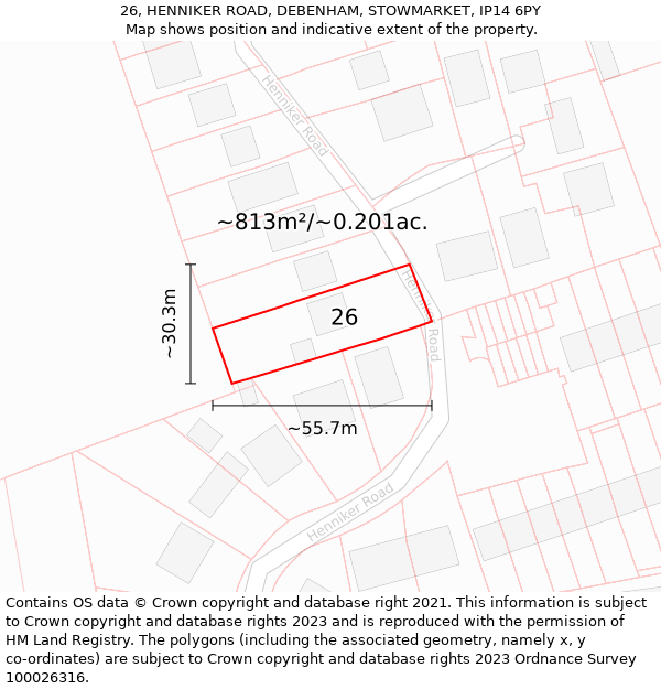 26, HENNIKER ROAD, DEBENHAM, STOWMARKET, IP14 6PY: Plot and title map