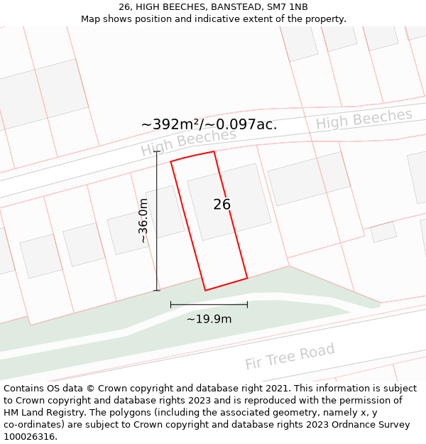 26, HIGH BEECHES, BANSTEAD, SM7 1NB: Plot and title map