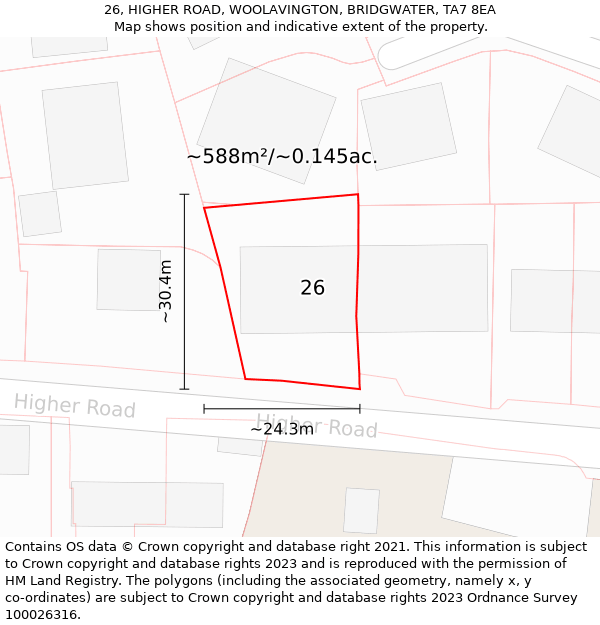 26, HIGHER ROAD, WOOLAVINGTON, BRIDGWATER, TA7 8EA: Plot and title map