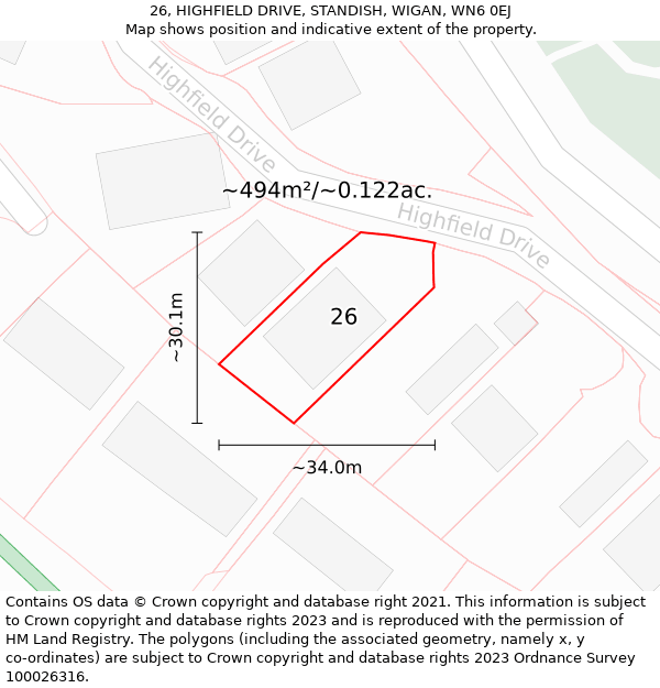 26, HIGHFIELD DRIVE, STANDISH, WIGAN, WN6 0EJ: Plot and title map