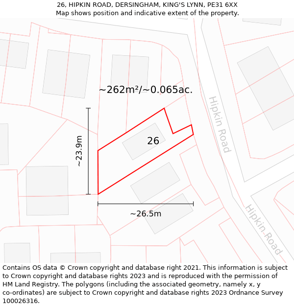 26, HIPKIN ROAD, DERSINGHAM, KING'S LYNN, PE31 6XX: Plot and title map