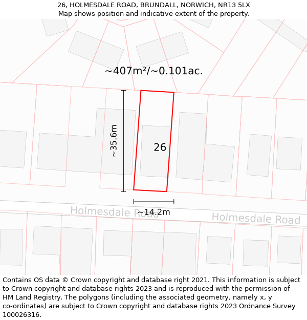 26, HOLMESDALE ROAD, BRUNDALL, NORWICH, NR13 5LX: Plot and title map