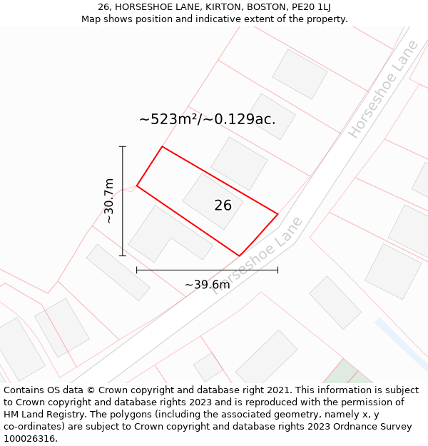 26, HORSESHOE LANE, KIRTON, BOSTON, PE20 1LJ: Plot and title map