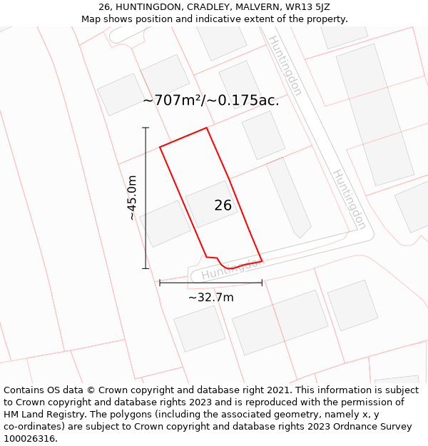 26, HUNTINGDON, CRADLEY, MALVERN, WR13 5JZ: Plot and title map