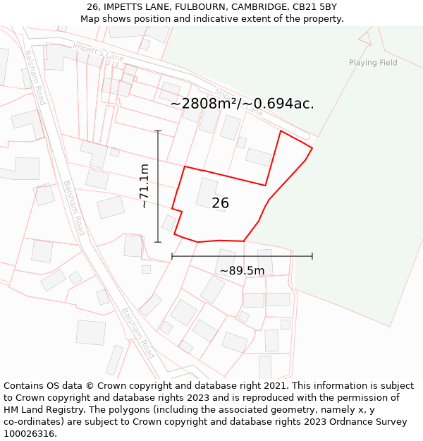 26, IMPETTS LANE, FULBOURN, CAMBRIDGE, CB21 5BY: Plot and title map