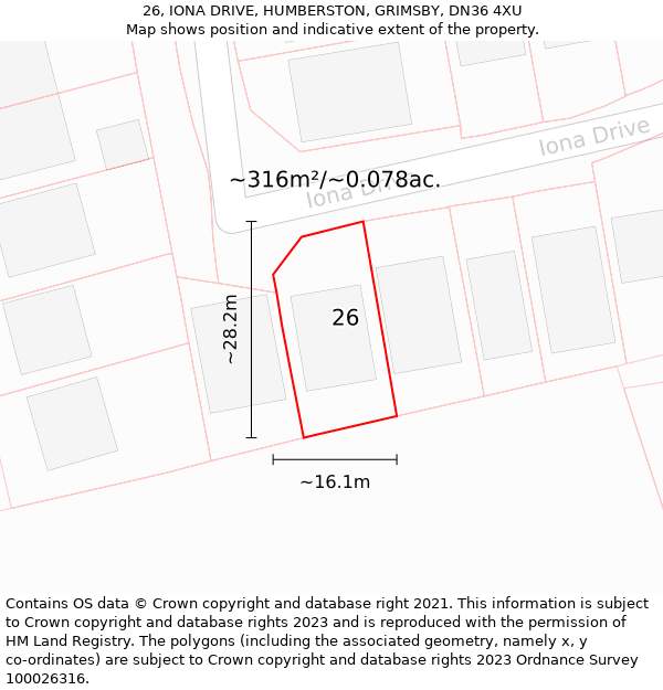 26, IONA DRIVE, HUMBERSTON, GRIMSBY, DN36 4XU: Plot and title map