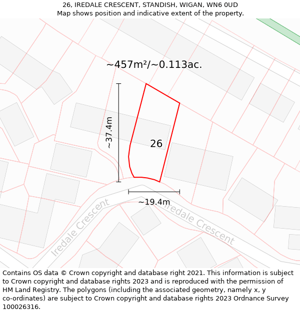 26, IREDALE CRESCENT, STANDISH, WIGAN, WN6 0UD: Plot and title map