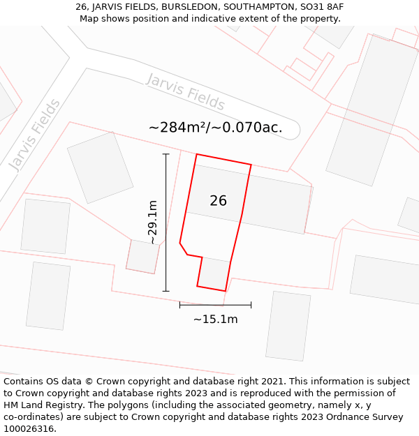 26, JARVIS FIELDS, BURSLEDON, SOUTHAMPTON, SO31 8AF: Plot and title map