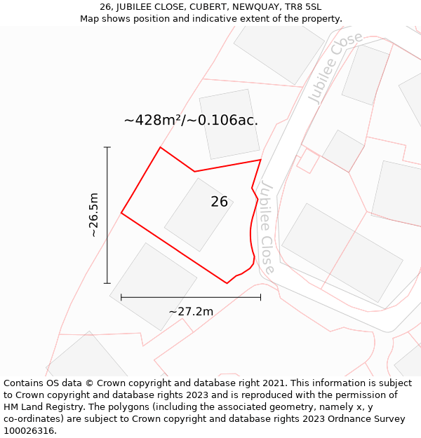 26, JUBILEE CLOSE, CUBERT, NEWQUAY, TR8 5SL: Plot and title map