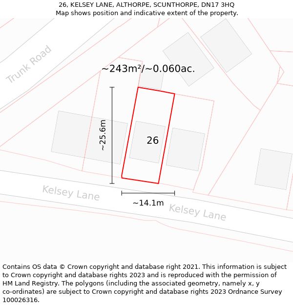 26, KELSEY LANE, ALTHORPE, SCUNTHORPE, DN17 3HQ: Plot and title map