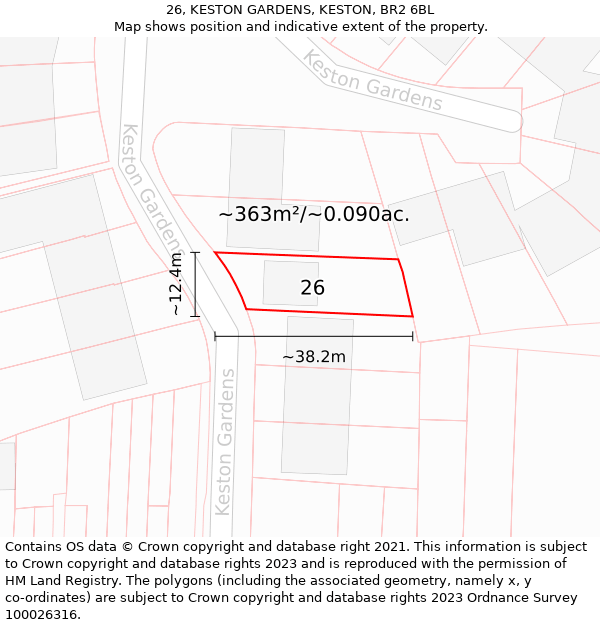 26, KESTON GARDENS, KESTON, BR2 6BL: Plot and title map