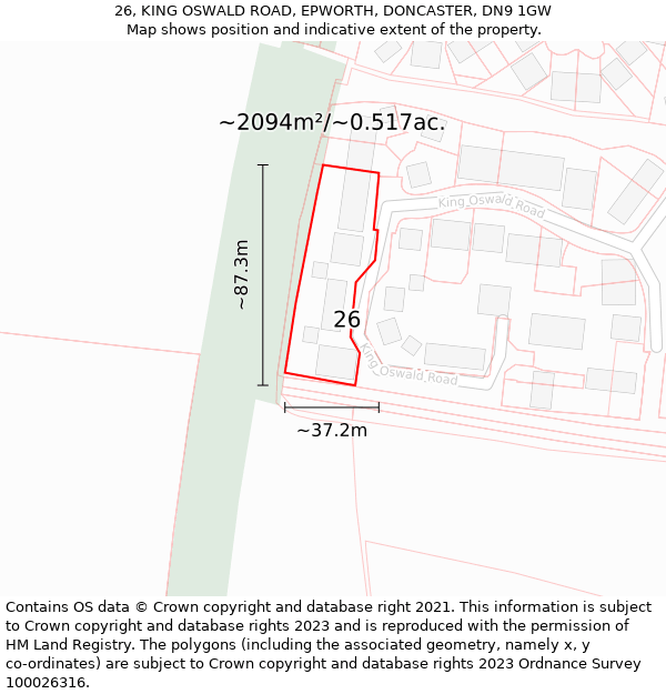 26, KING OSWALD ROAD, EPWORTH, DONCASTER, DN9 1GW: Plot and title map